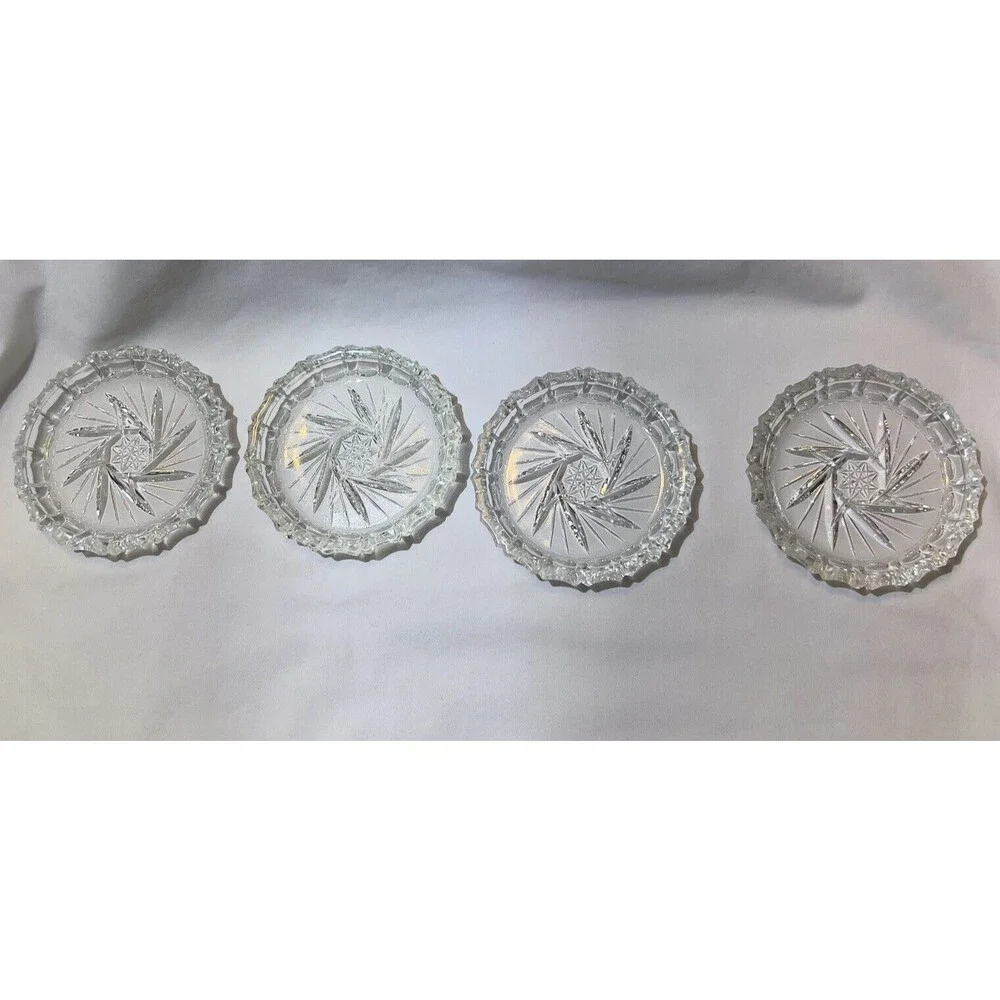 VTG Crystal Bohemia Pinwheel Czechoslovakia Brunswick Star 4 Set Glass Coasters‎